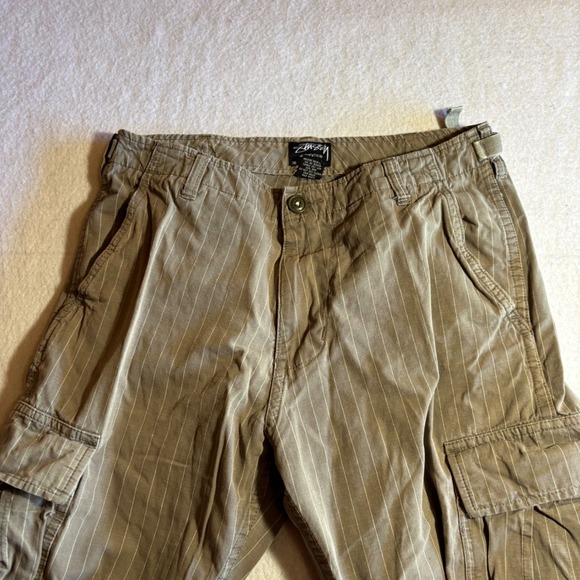 Vintage Stussy Mens Cargo Pants Tan Pinstripe Drawstring Bottom Size‎ 30 Cotton - Picture 4 of 12